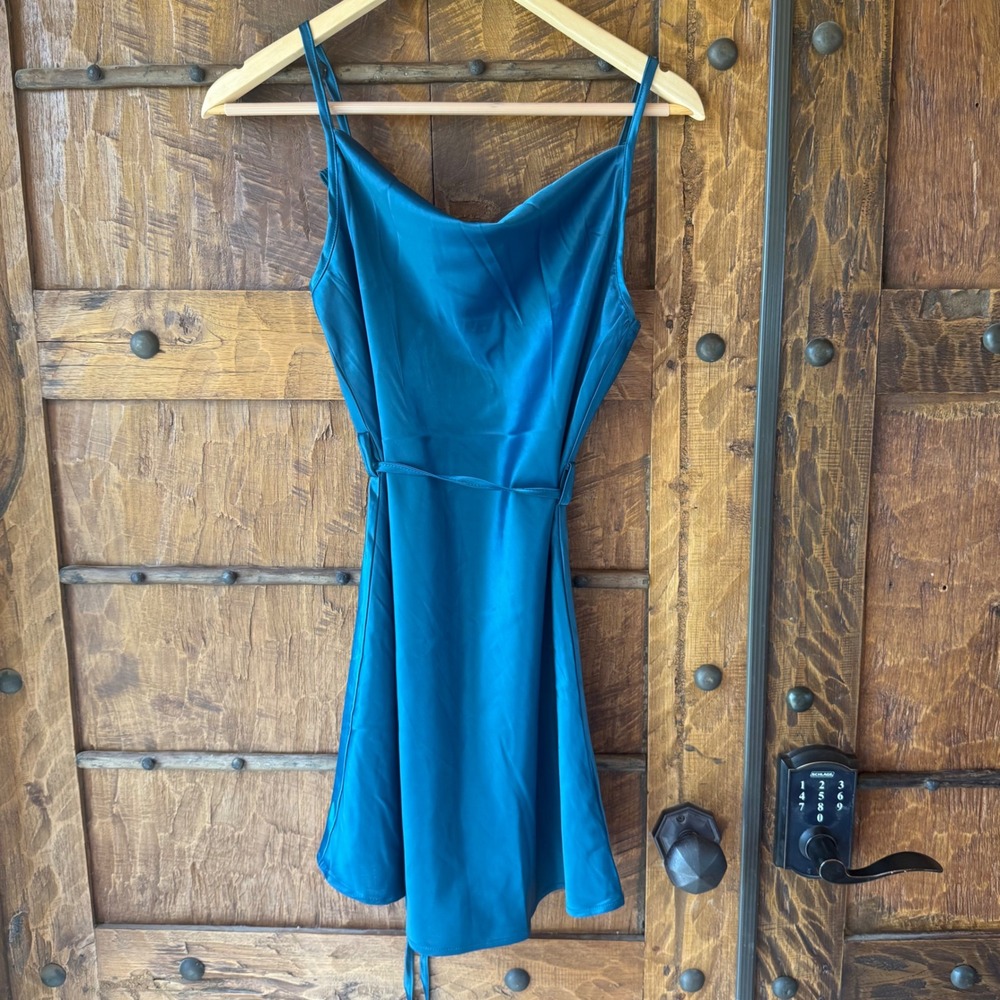 Cider Satin Cowl Neck Mini Dress Sm Blue Tie Waist Slip Formal Party Homecoming
